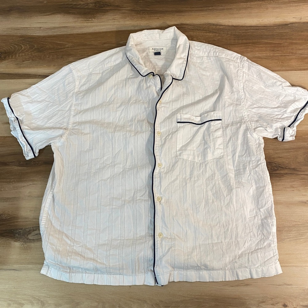 American‎ Eagle Pajama Shirt Mens Large White Striped Relaxed Fit